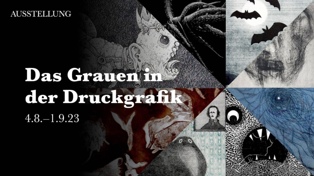 Einladung zur Ausstellung Das Grauen in der Druckgrafik mit Ausschnitten von dort gezeigten Arbeiten, sie zeigt Monster, Tentakeln, dunkle und diffuse Linien.